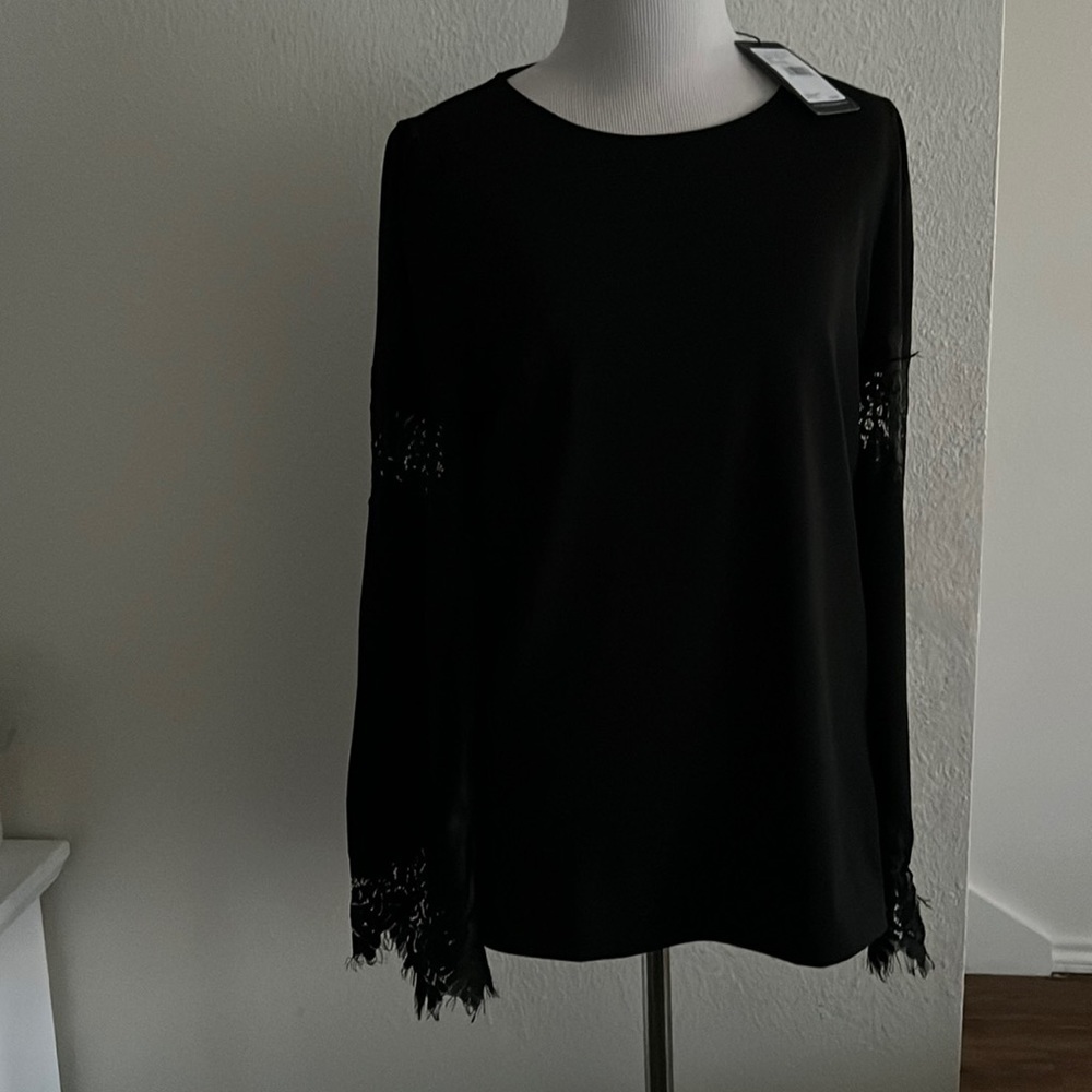 NWT Adrianna Papell Bell Sleeve Knit Lace Top | Black